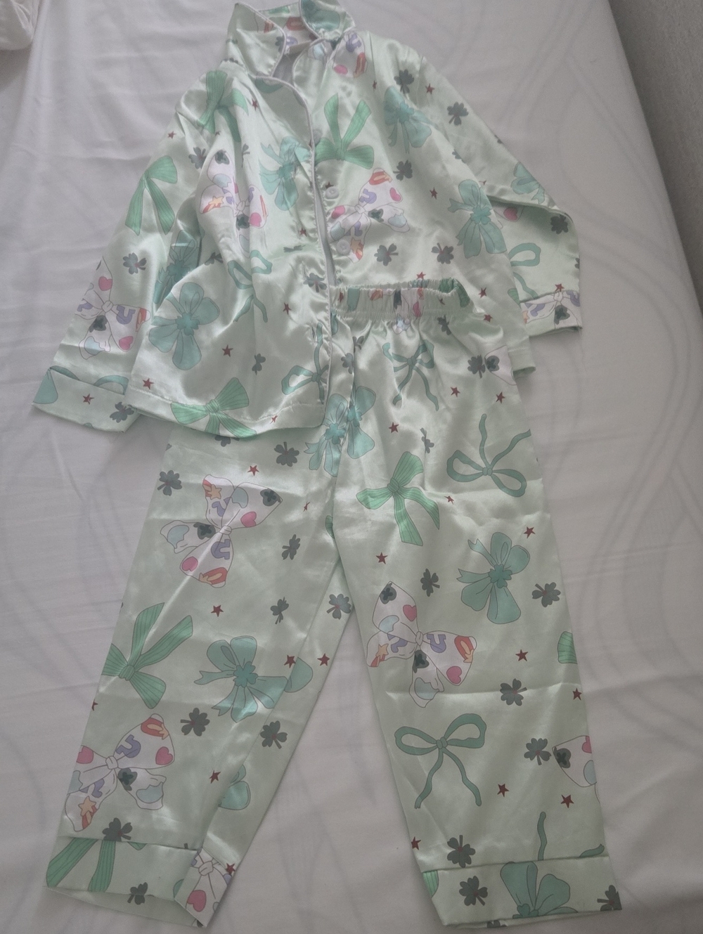 Girls Mint Bow-Print Pajama Set with Button-Front Top